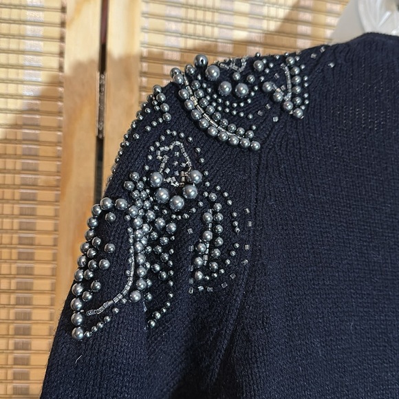 Darian Vintage 1990s Black Open Front Cardigan Sweater Silver Beading Medium - Picture 13 of 16